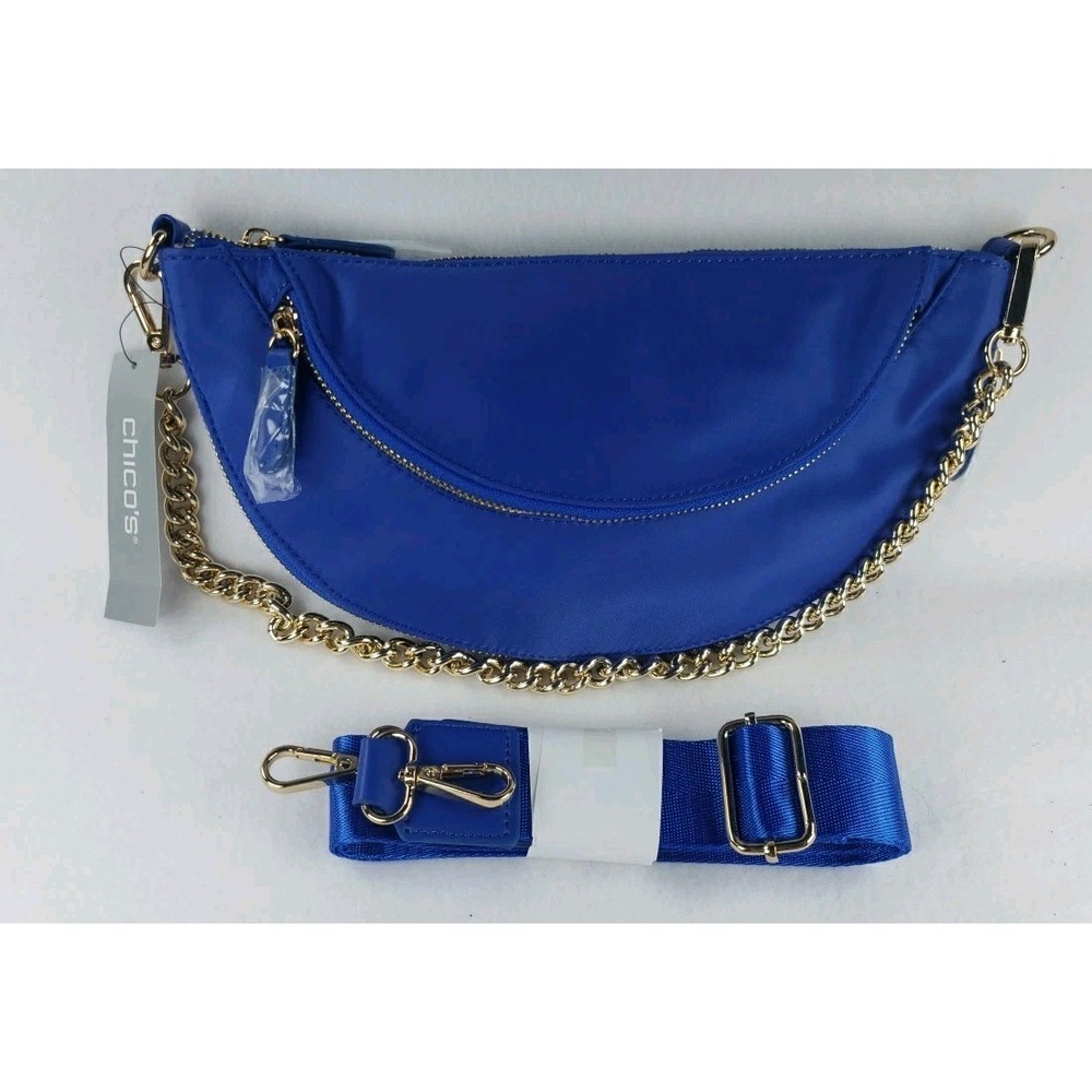 Chico's Crescent Crossbody Bag Bright Blue Gold Hardware Chain Handle Xtra Strap - Picture 2 of 14